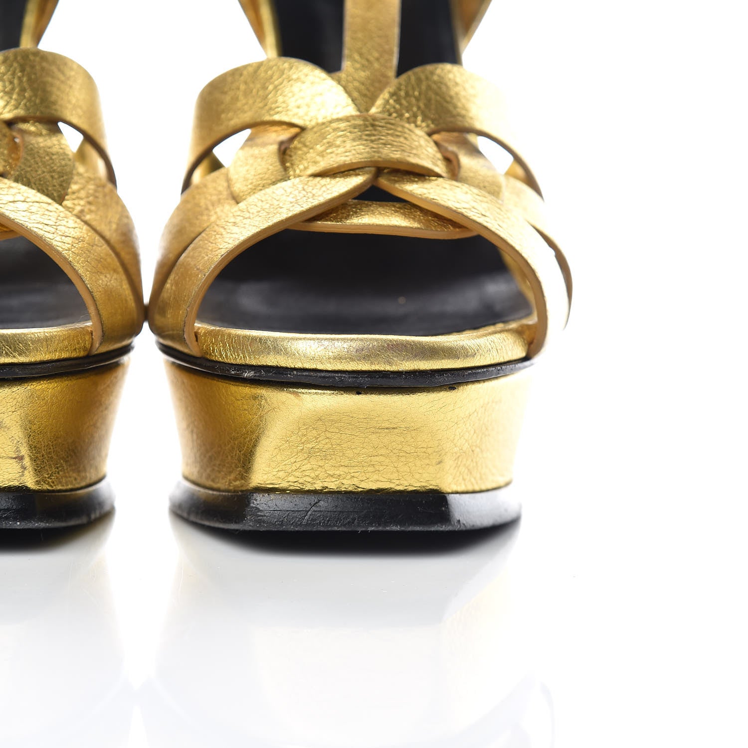 Saint Laurent Metallic Crackled Calfskin Tribute 105 Platform Sandals 37 Black Gold 14 of 18