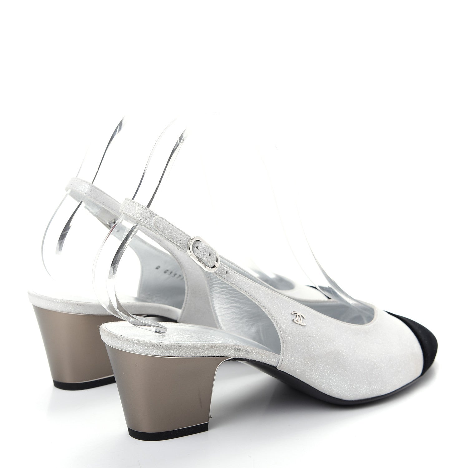 Chanel Laminated Goatskin Velvet Cap Toe CC Slingback Sandals 40 Silver Black 4 of 11
