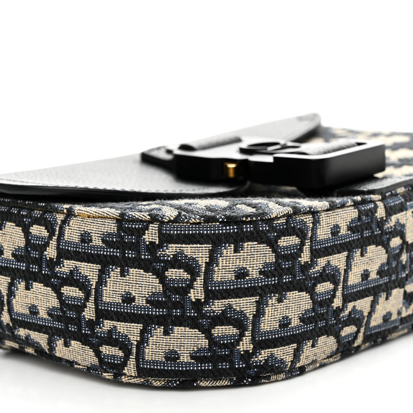 Oblique Jacquard Grained Calfskin Saddle Pouch With Strap Beige Black