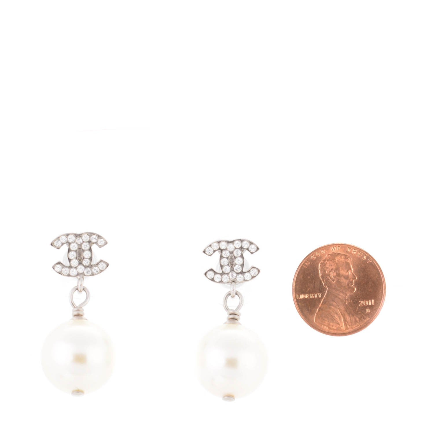 Chanel Crystal Pearl CC Drop Earrings Silver 2 of 5