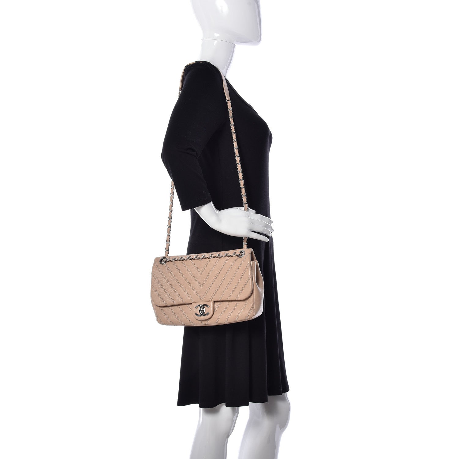 Chanel Calfskin Studded Chevron Quilted Medium Wars Flap Beige 2 of 9