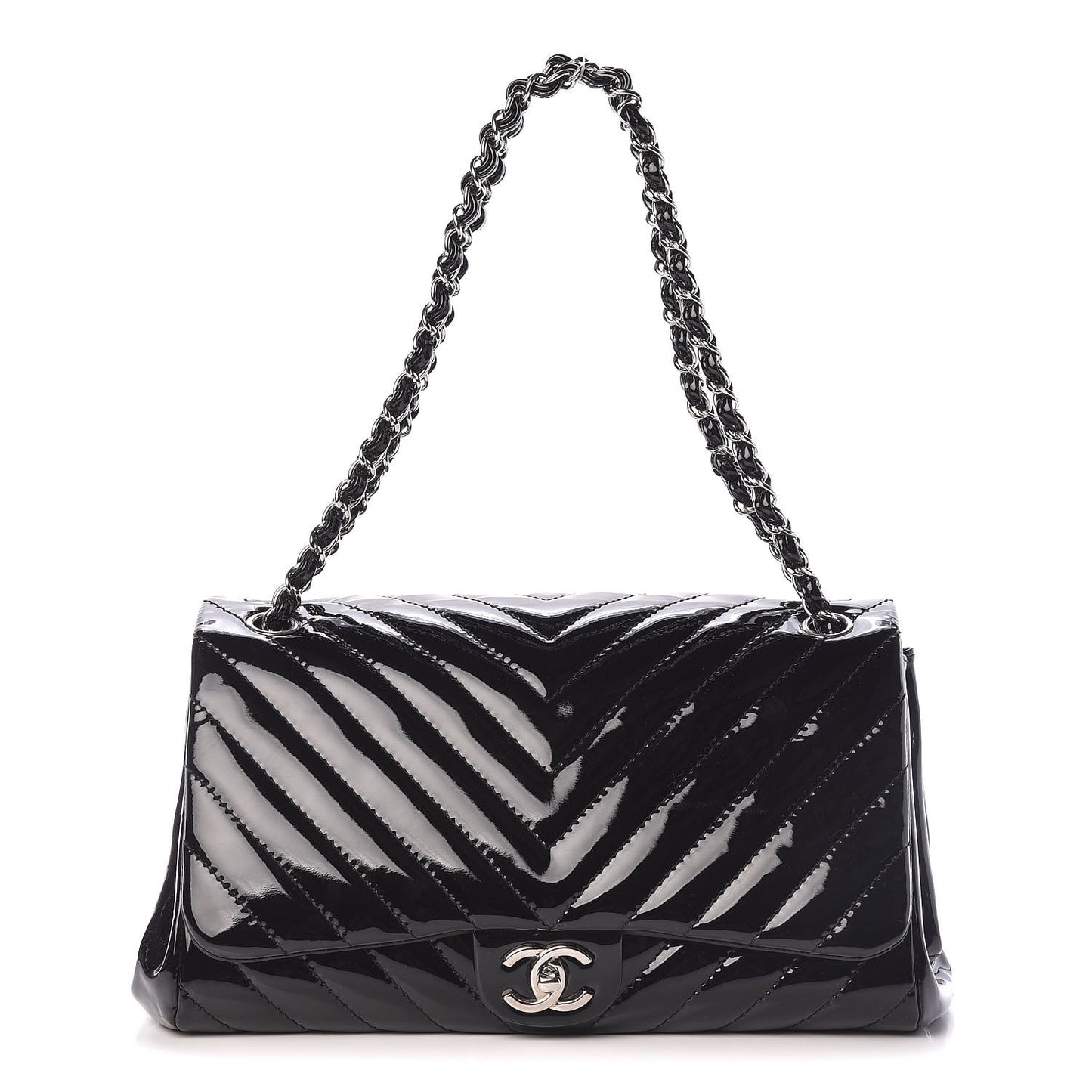 Patent Chevron Quilted Accordion Flap Black