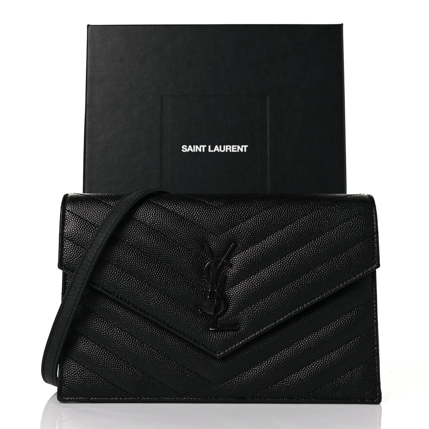 Grain De Poudre Matelasse Chevron Monogram Monochrome Envelope Chain Wallet Black