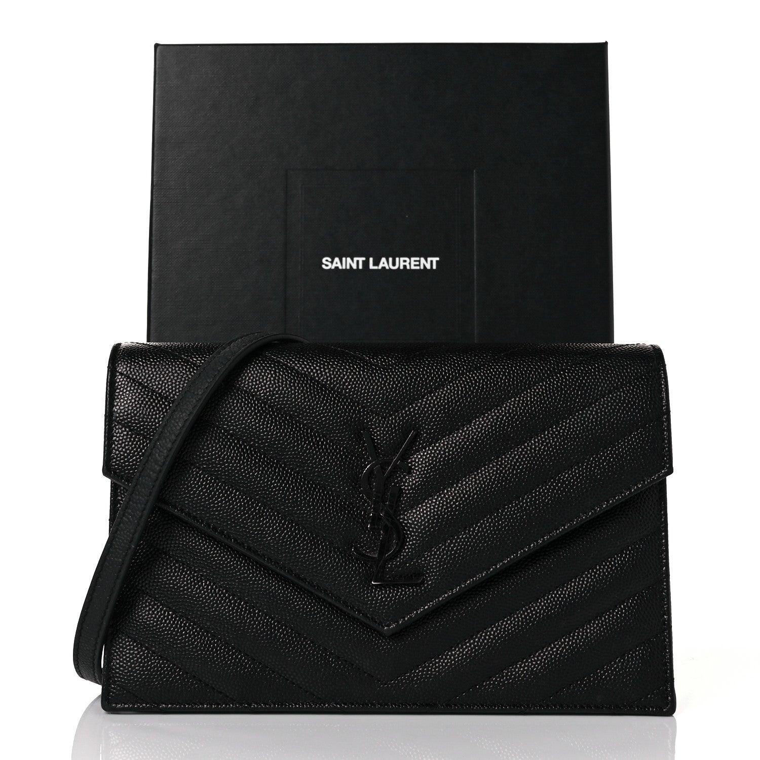 Saint Laurent Grain De Poudre Matelasse Chevron Monogram Monochrome Envelope Chain Wallet Black 9 of 9