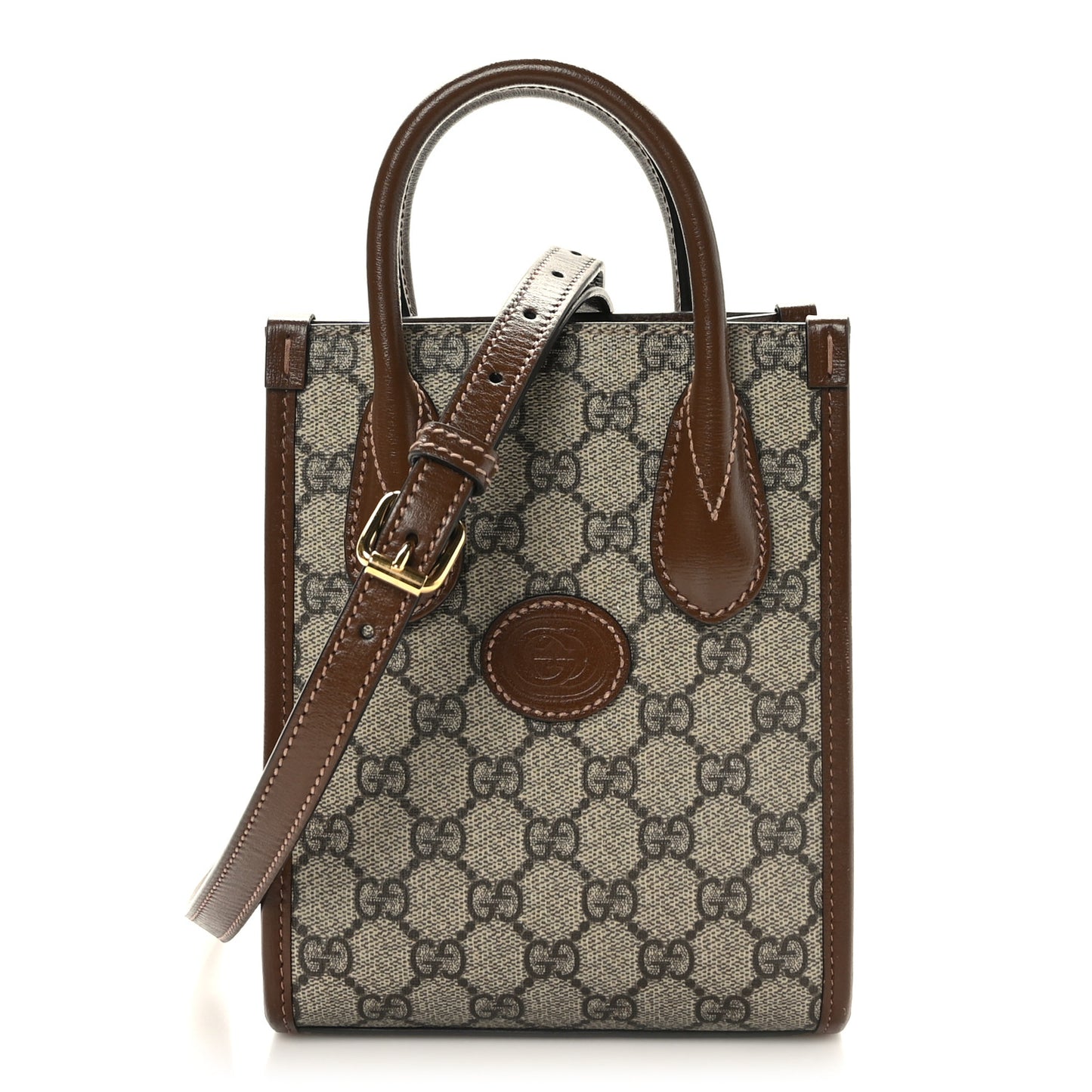 GG Supreme Monogram Azalea Calfskin Mini Retro Interlocking G Tote Bag Beige Ebony Brown Sugar