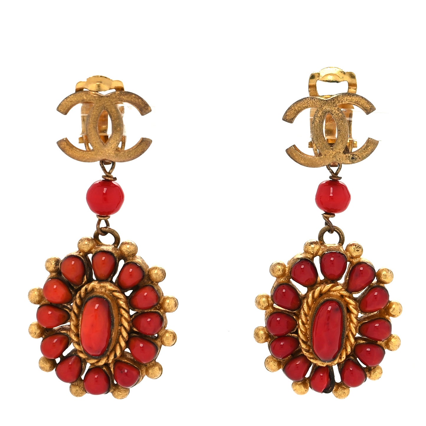 Gripoix Poured Glass CC Drop Clip On Earrings Red Gold