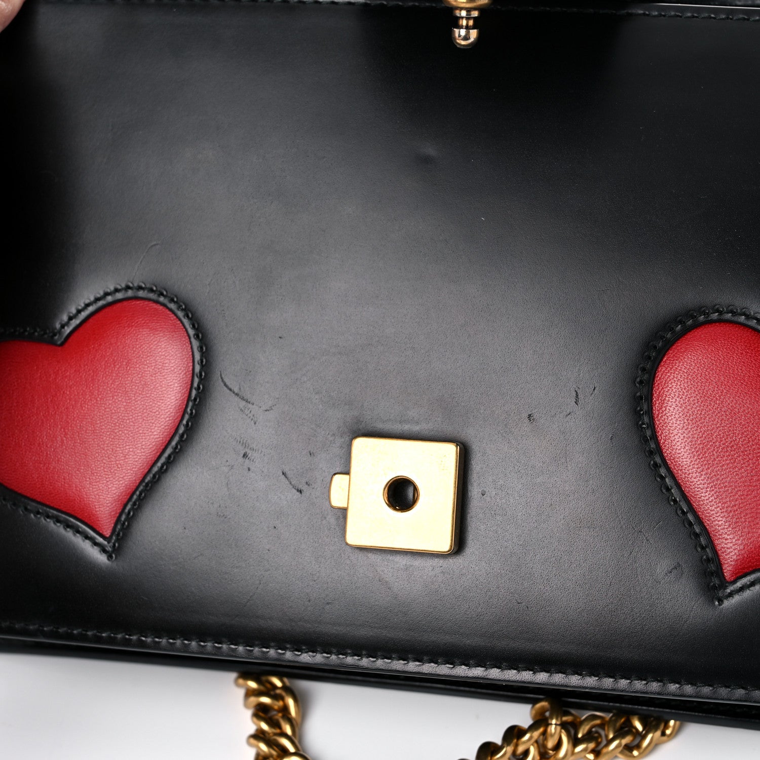 Gucci Knight Calfskin Malaga Kid Heart Medium GG Marmont Chain Handle Bag Black Hibiscus Red Multicolor 14 of 14