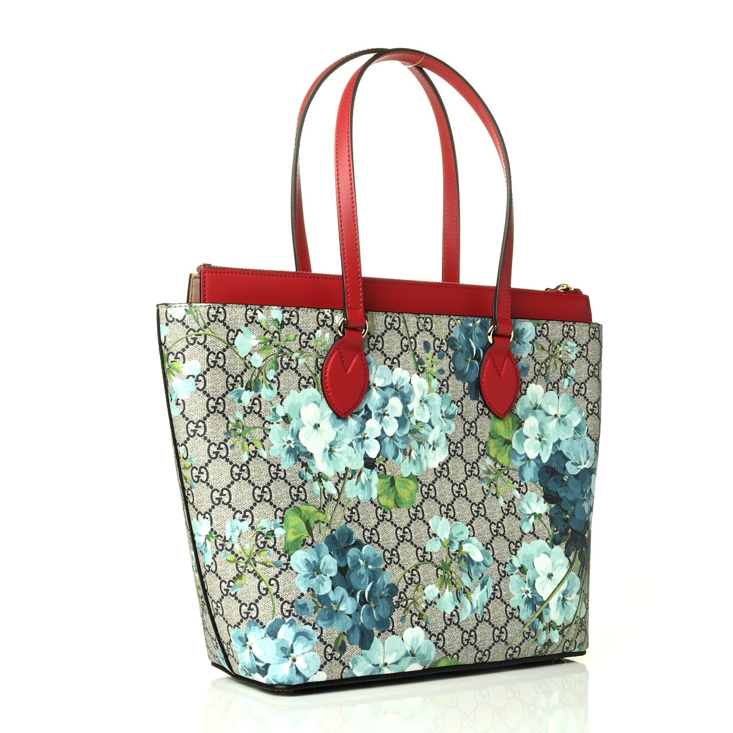 Gucci GG Supreme Monogram Blooms Medium Zippered Bucket Tote Beige Blue Navy Hibiscus Red 2 of 5