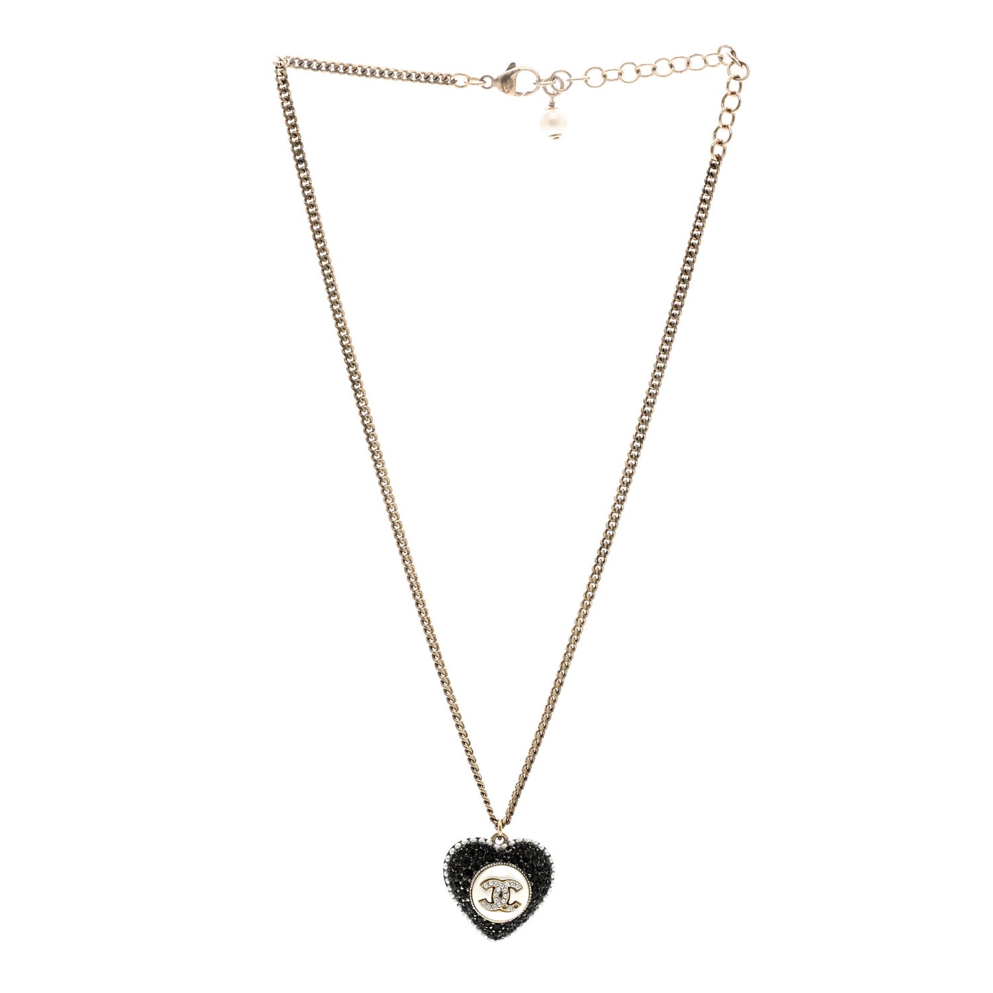 Pearl Crystal CC Heart Necklace Gold Pearly White Black