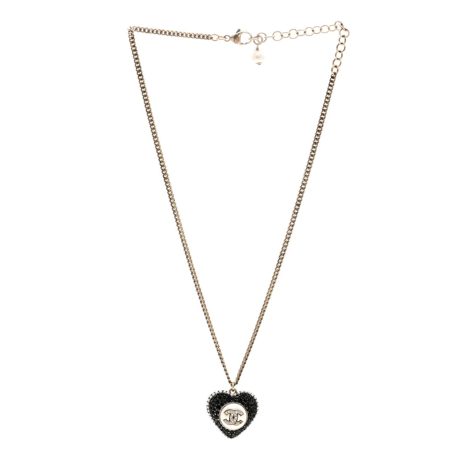 Chanel Pearl Crystal CC Heart Necklace Gold Pearly White Black 3 of 5