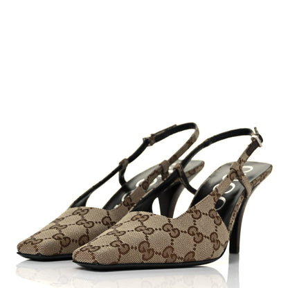 Gucci Monogram Malga Kid Square G 75mm Slingback Pumps 38 Beige Ebony New Acero 3 of 9