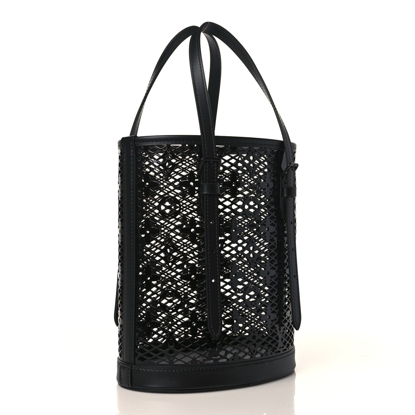 Patent Calfskin Laced Monogram Bucket PM Black
