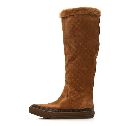 Louis Vuitton Suede Calfskin Monogram Embossed Snowball Flat Half Boots 38 Cognac 1 of 6