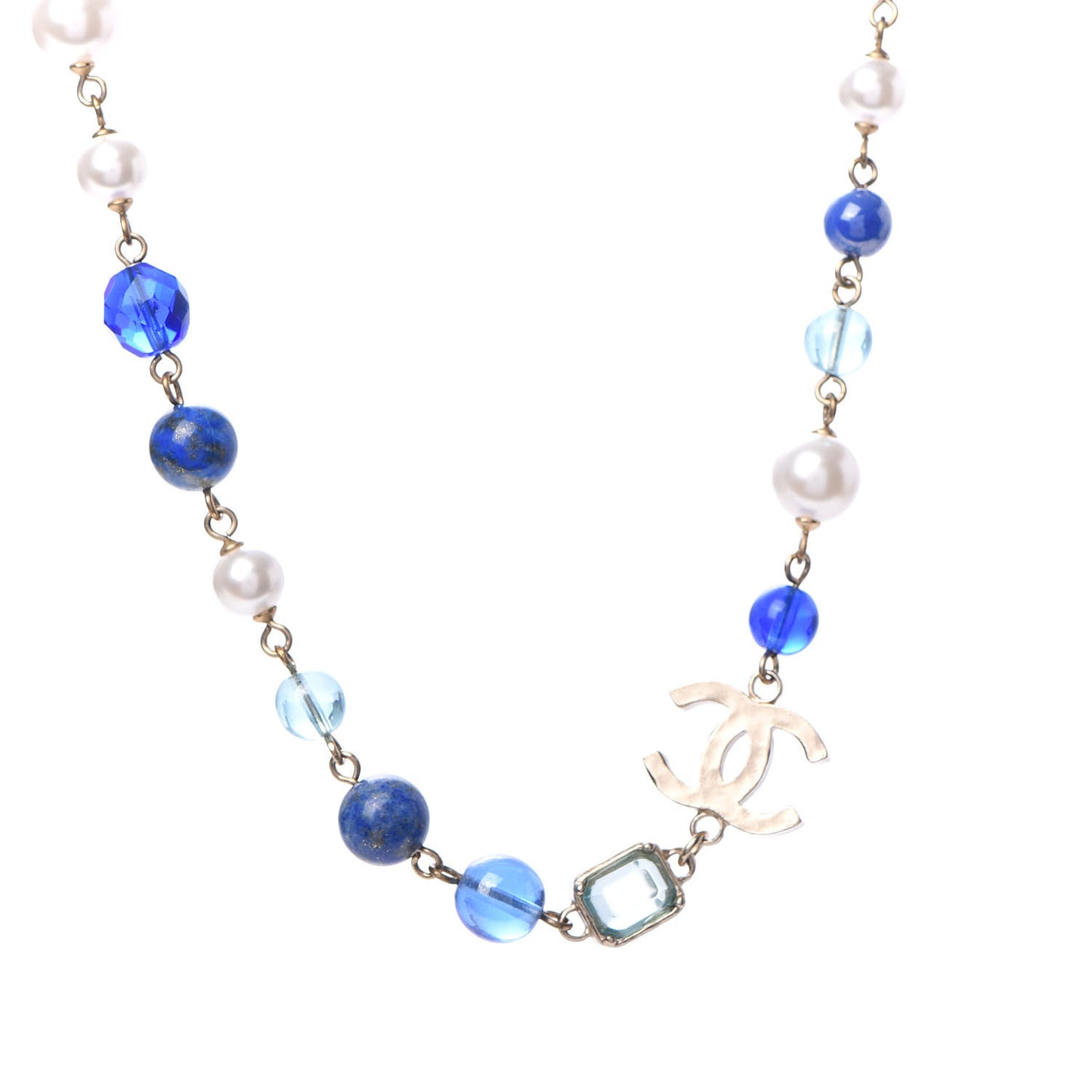 Ruthenium Pearl Beaded CC Short Necklace Silver Blue