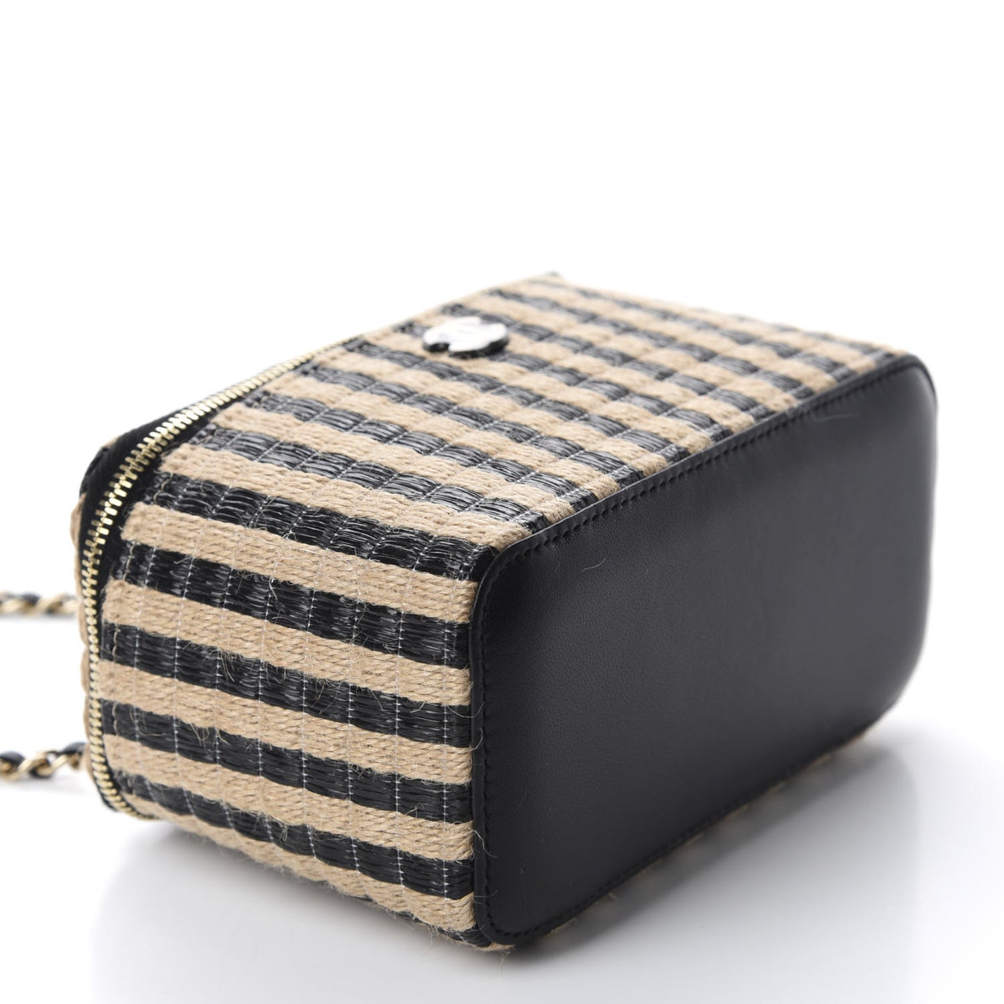 Raffia Jute Striped Small Vanity Case With Chain Black Beige