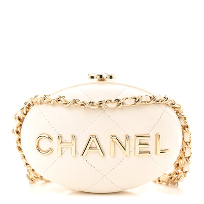 Chanel Lambskin Quilted Oval Minaudiere Chain Clutch White 1 of 10