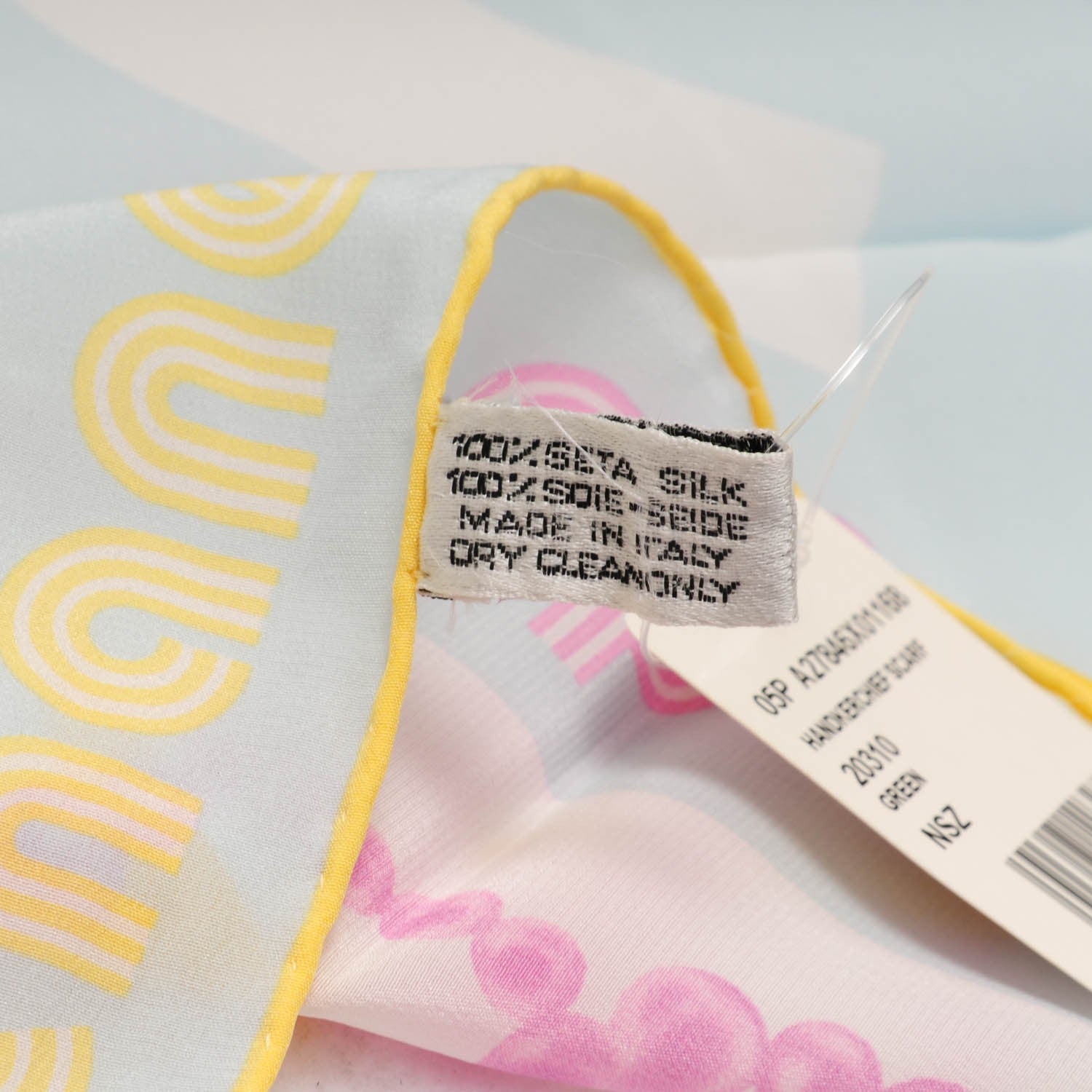 Chanel Silk CC Pearl Clover Scarf Yellow Blue Pink 4 of 5