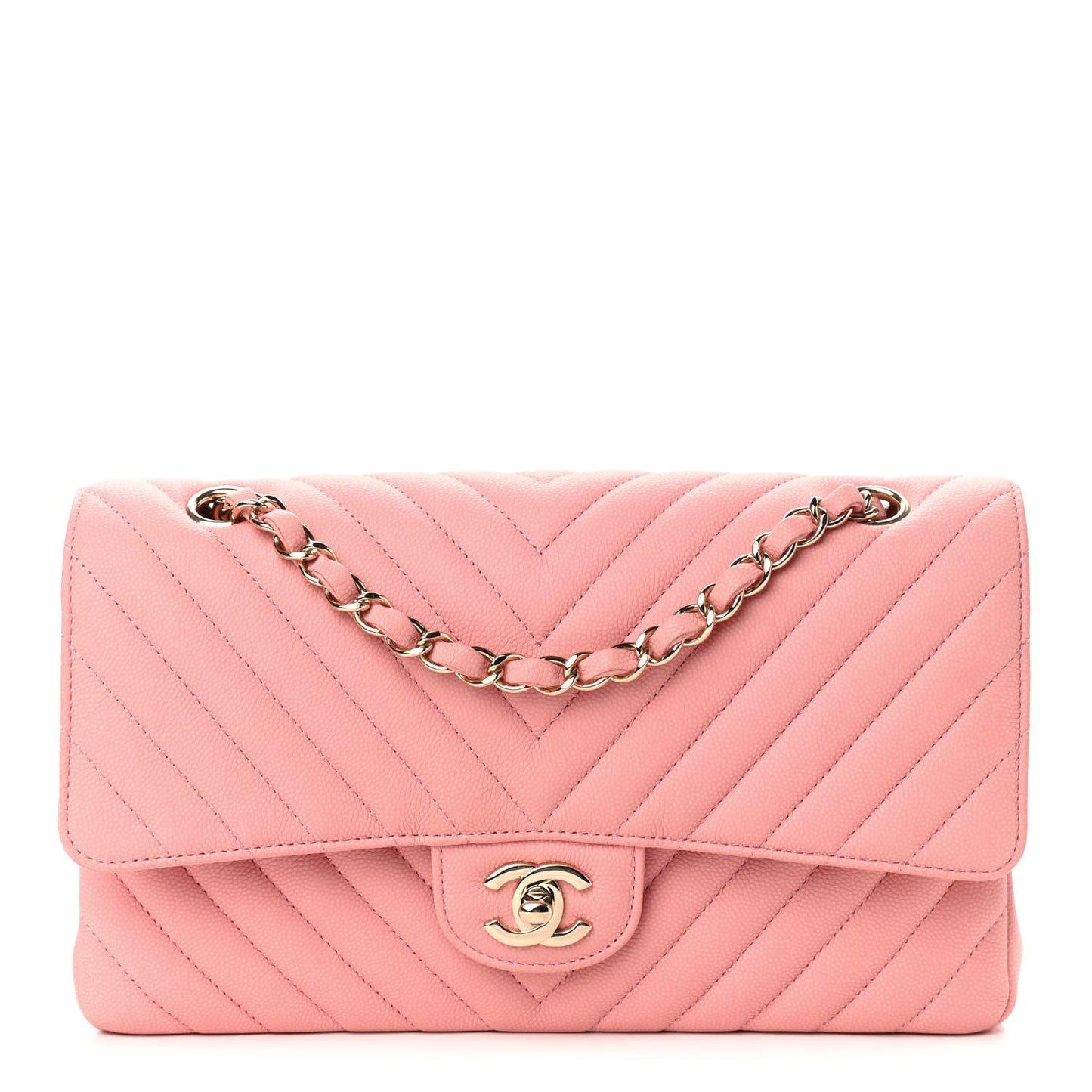 Caviar Flat Chevron Quilted Medium Double Flap Pink