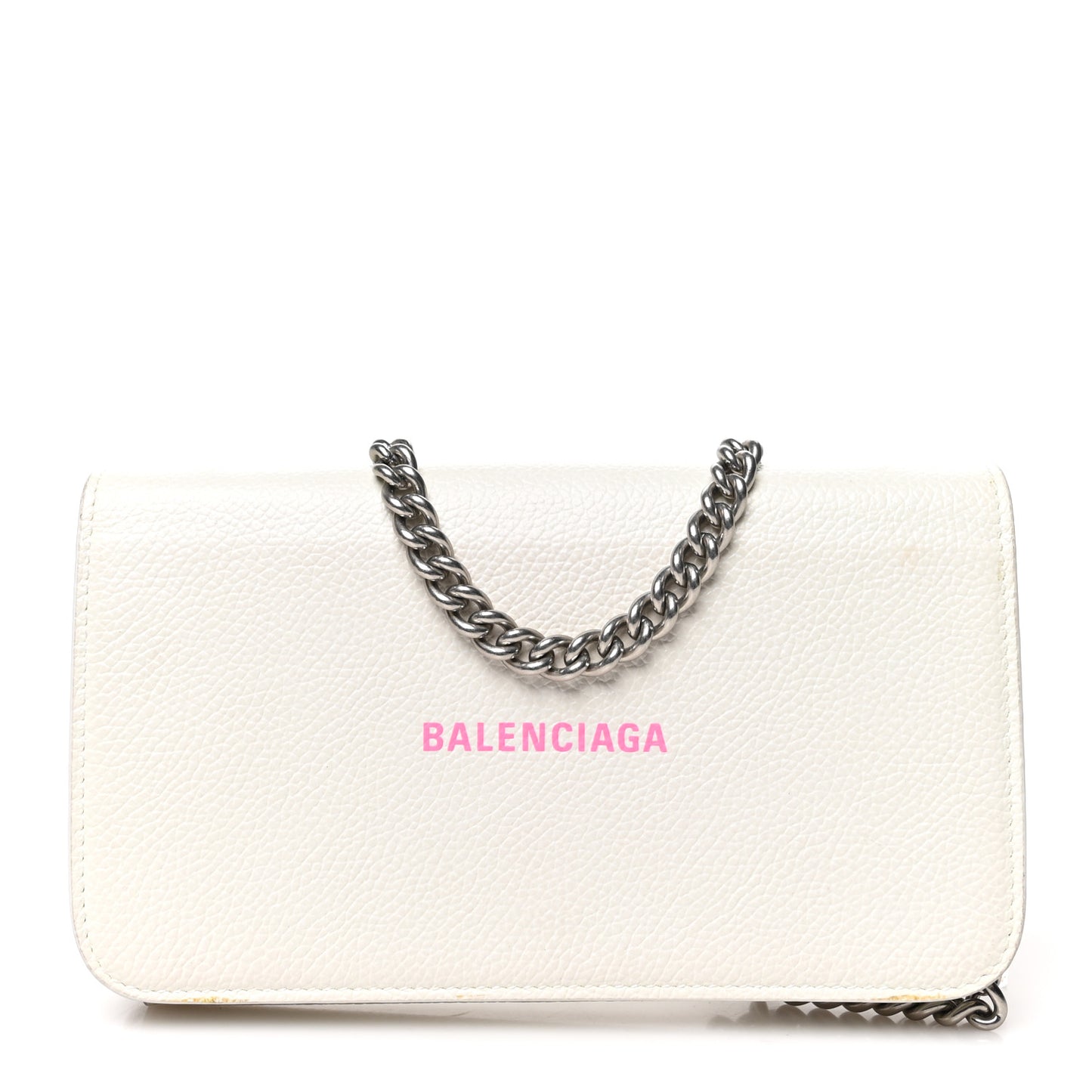 Grained Calfskin Logo Cash Phone Holder Wallet On Chain White Fluo Pink