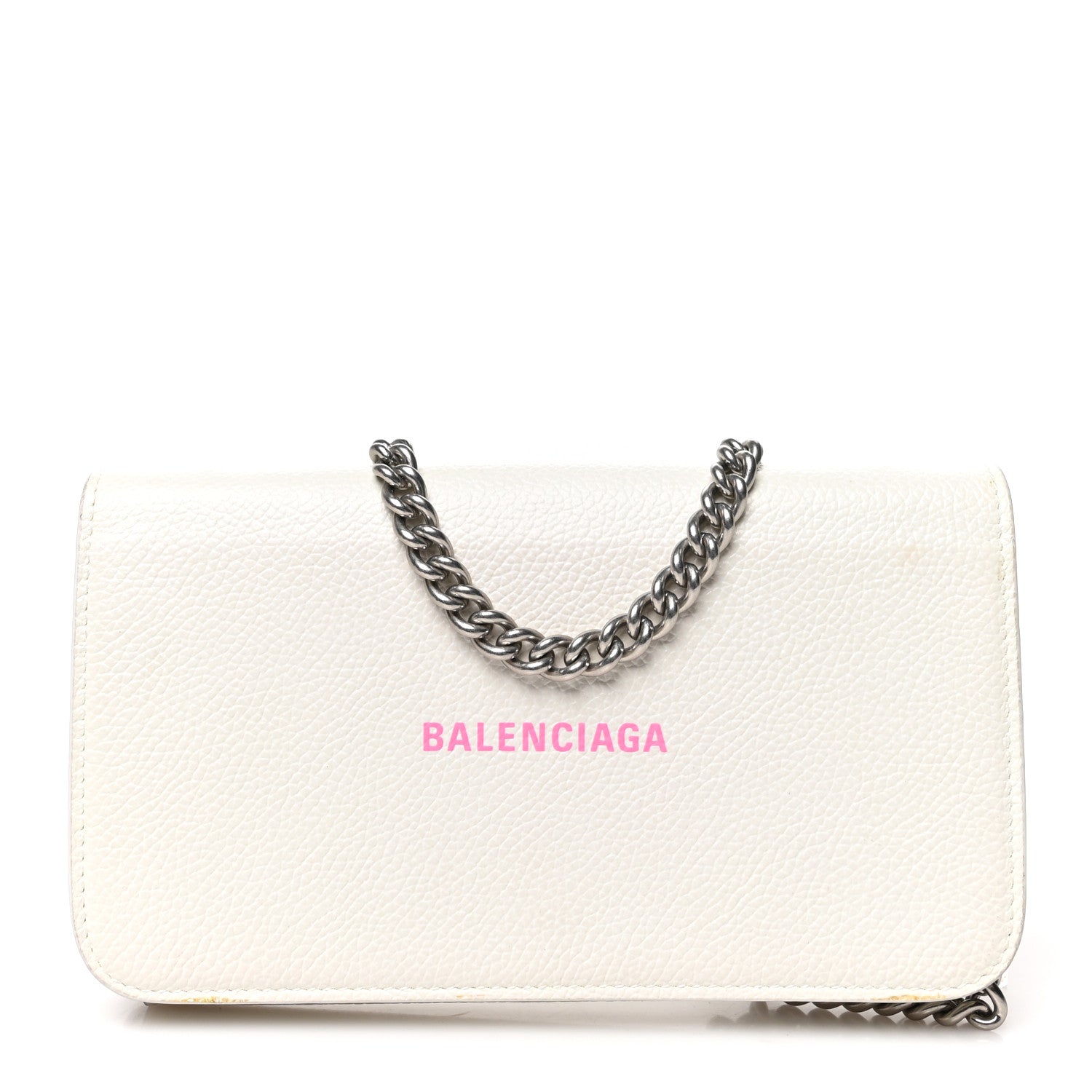 Balenciaga Grained Calfskin Logo Cash Phone Holder Wallet On Chain White Fluo Pink 1 of 7