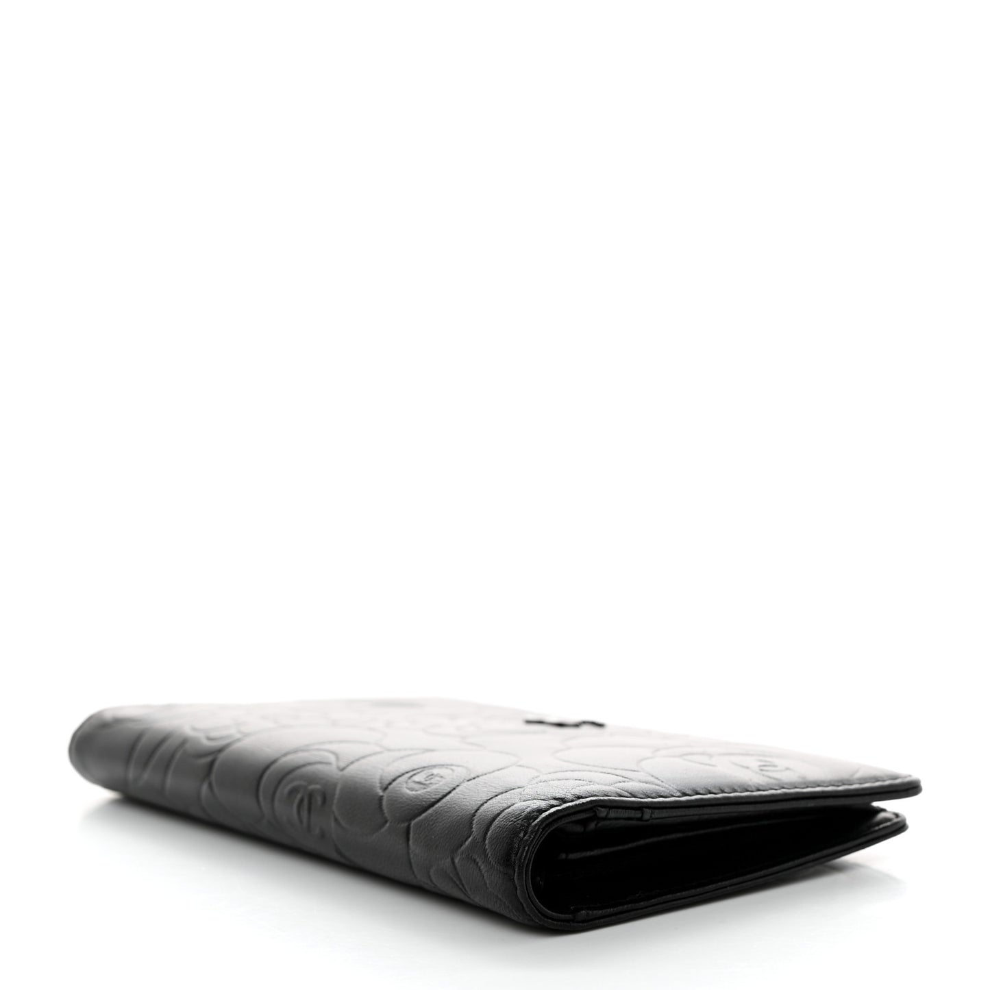 Lambskin Camellia Embossed Yen Wallet Black