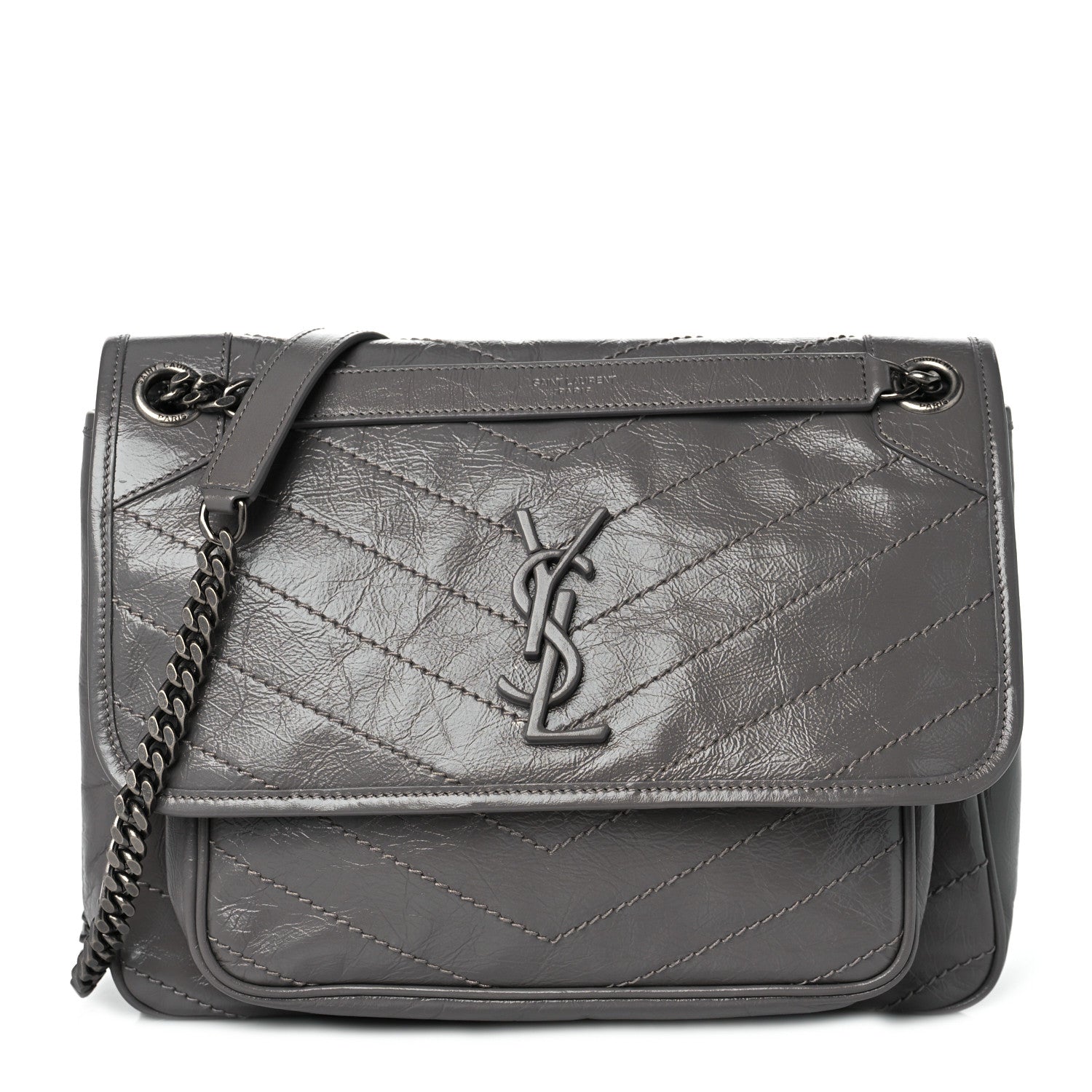 Saint Laurent Crinkled Calfskin Matelasse Monogram Medium Niki Chain Satchel Fog 1 of 9