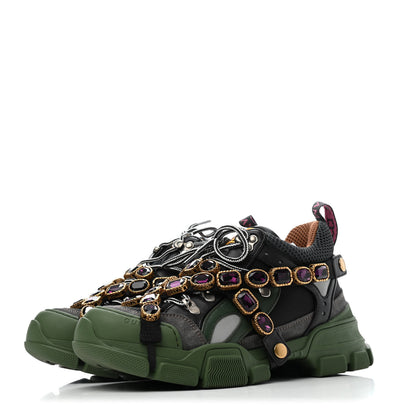 Gucci X SEGA Mesh Suede Calfskin Removable Crystals Flashtrek Sneakers 38 Loess Black Olive Green 3 of 4