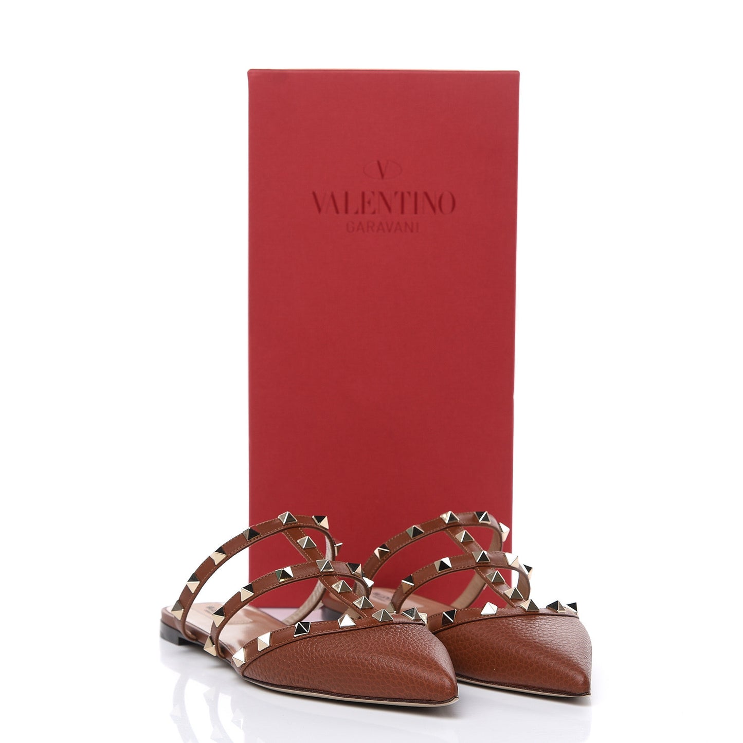 Pebbled Calfskin Rockstud Flat Cage Mules 38.5 Saddle Brown