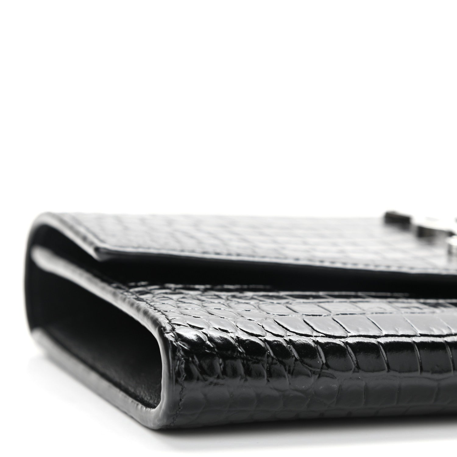 Saint Laurent Calfskin Crocodile Embossed Monogram Uptown Chain Wallet Black 9 of 11