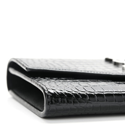 Saint Laurent Calfskin Crocodile Embossed Monogram Uptown Chain Wallet Black 9 of 11