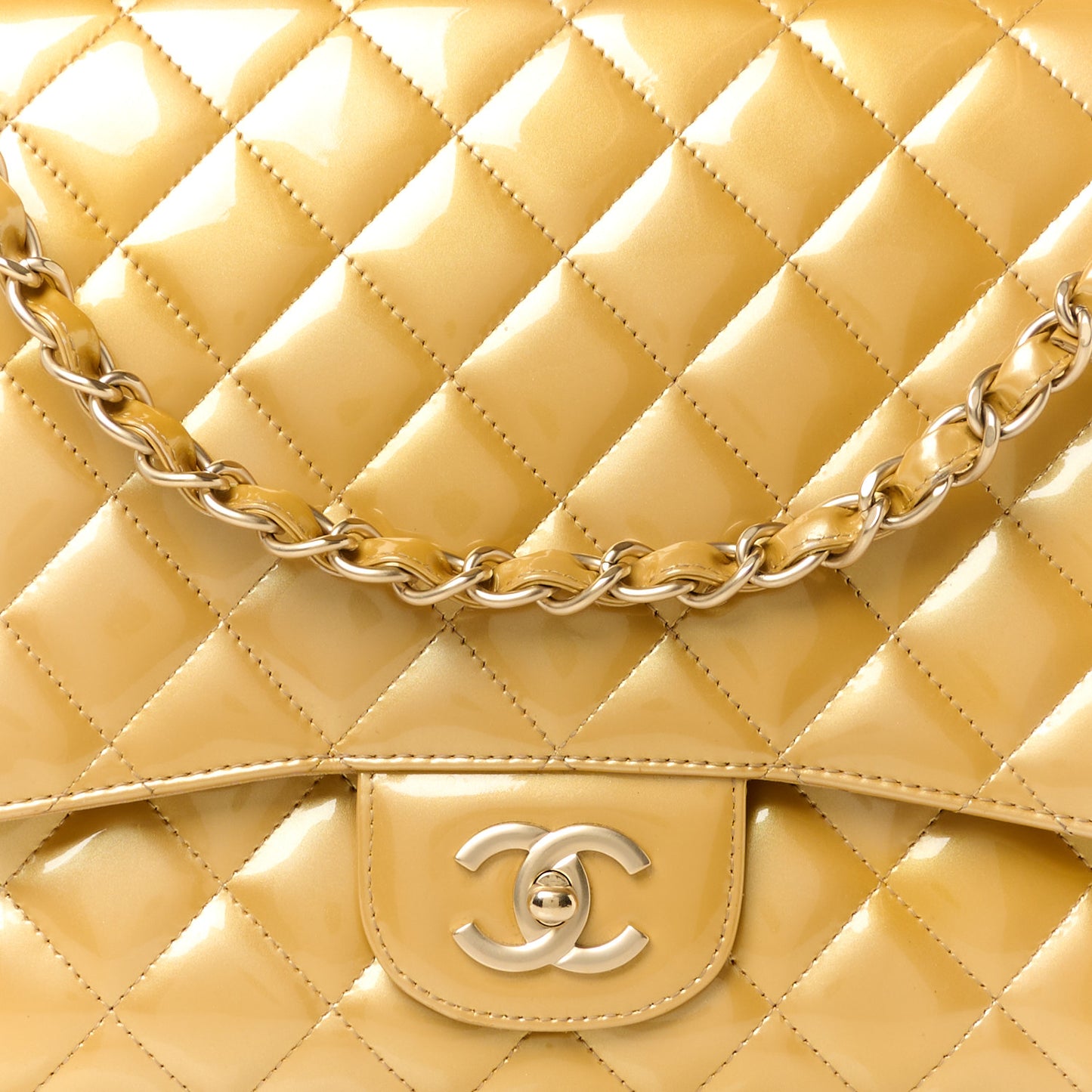 Metallic Patent Quilted Maxi Single Flap Beige