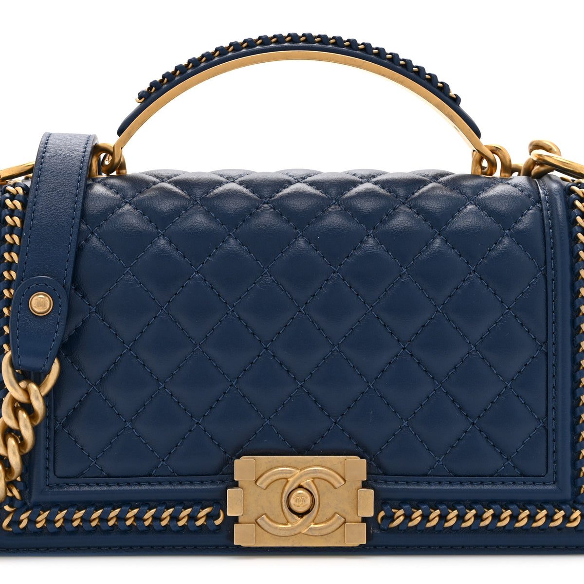 Lambskin Quilted Medium Top Handle Boy Flap Blue