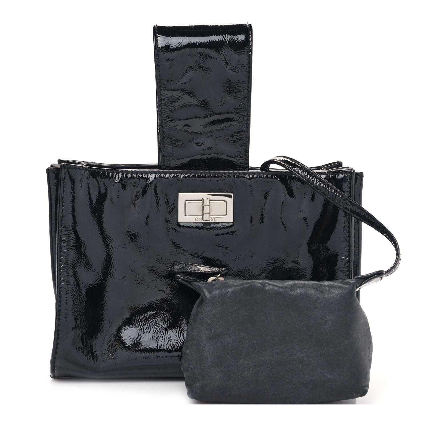 Chanel Patent Mademoiselle Lock Convertible Wrist Clutch Bag Black 1 of 11