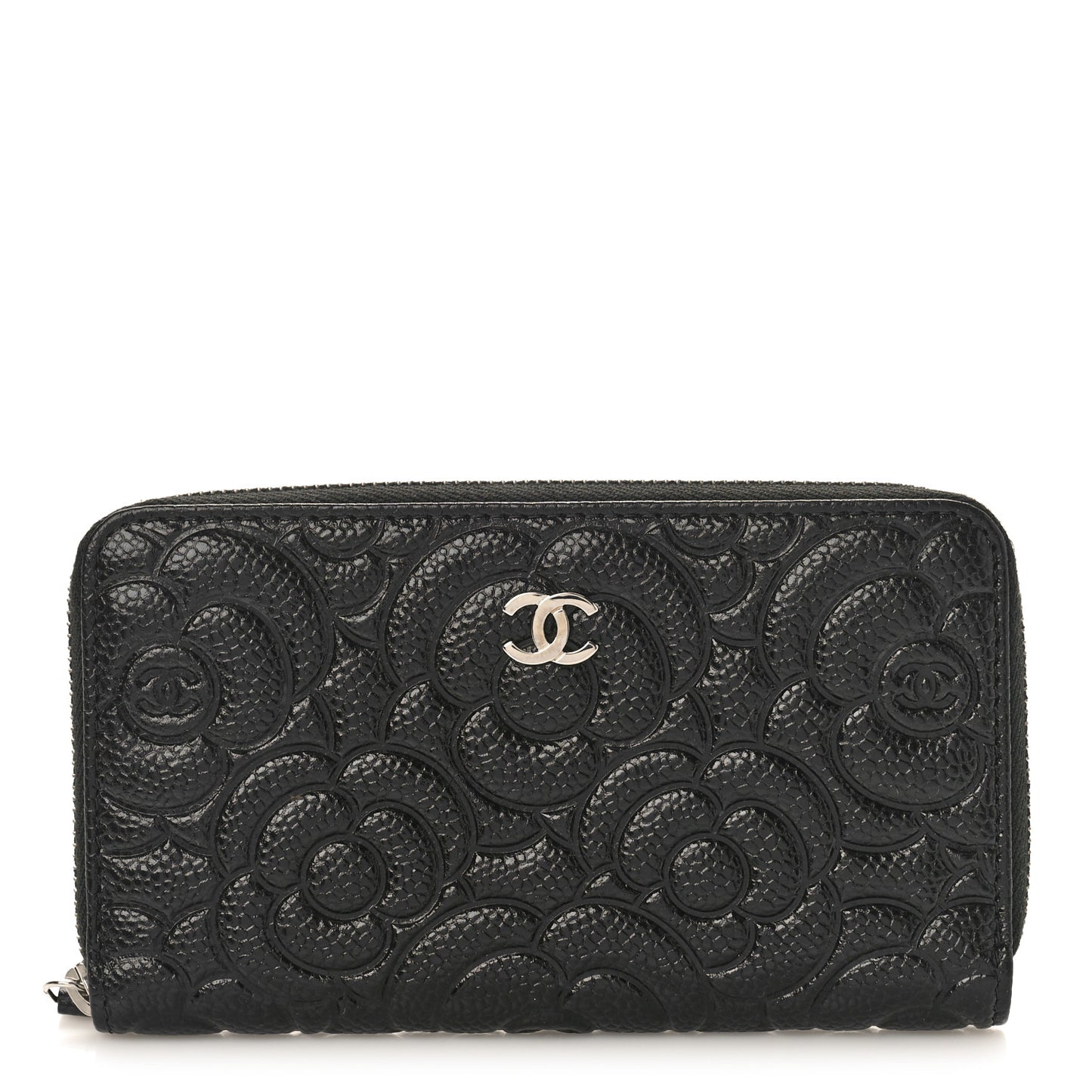 Caviar Camellia Embossed Large Zip Around Gusset Wallet Black
