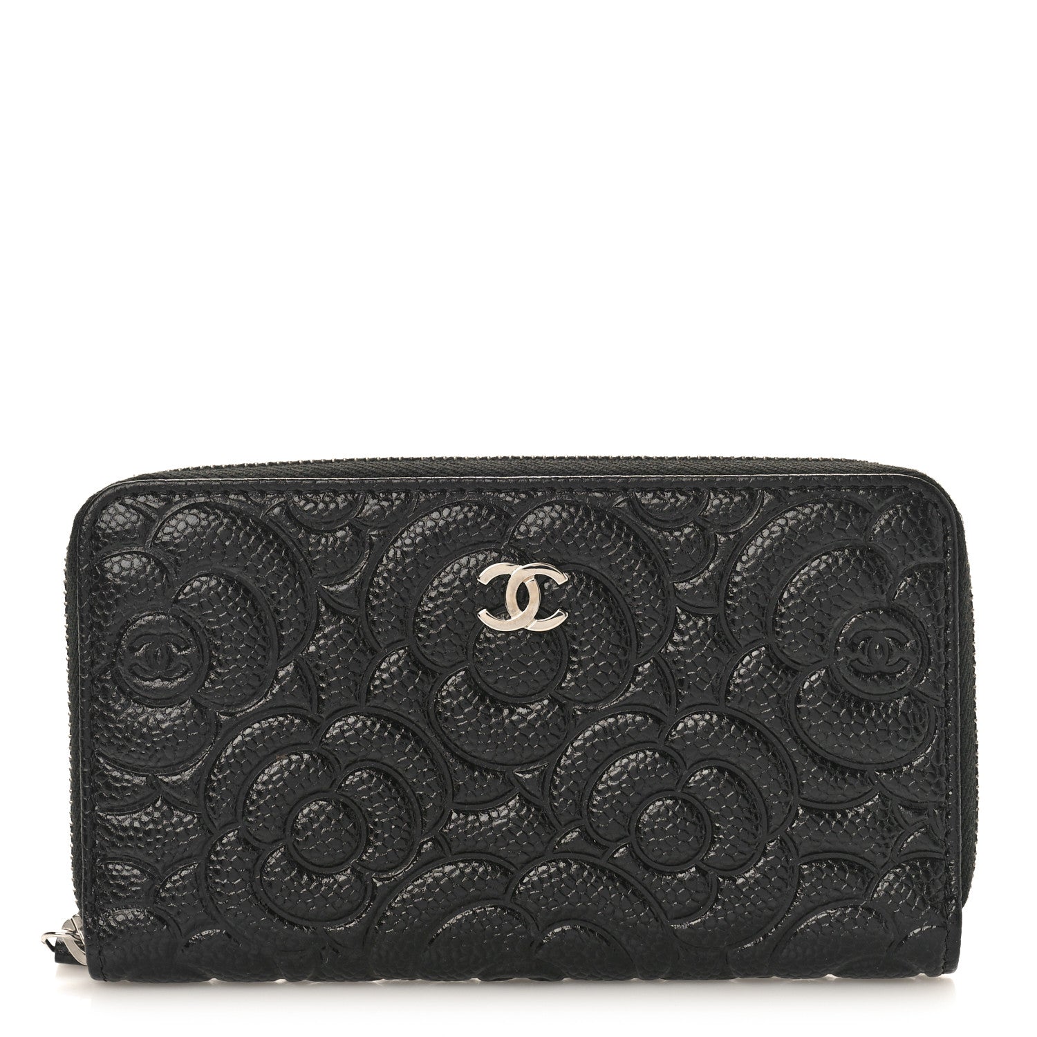 Chanel Caviar Camellia Embossed Large Zip Around Gusset Wallet Black 1 of 9