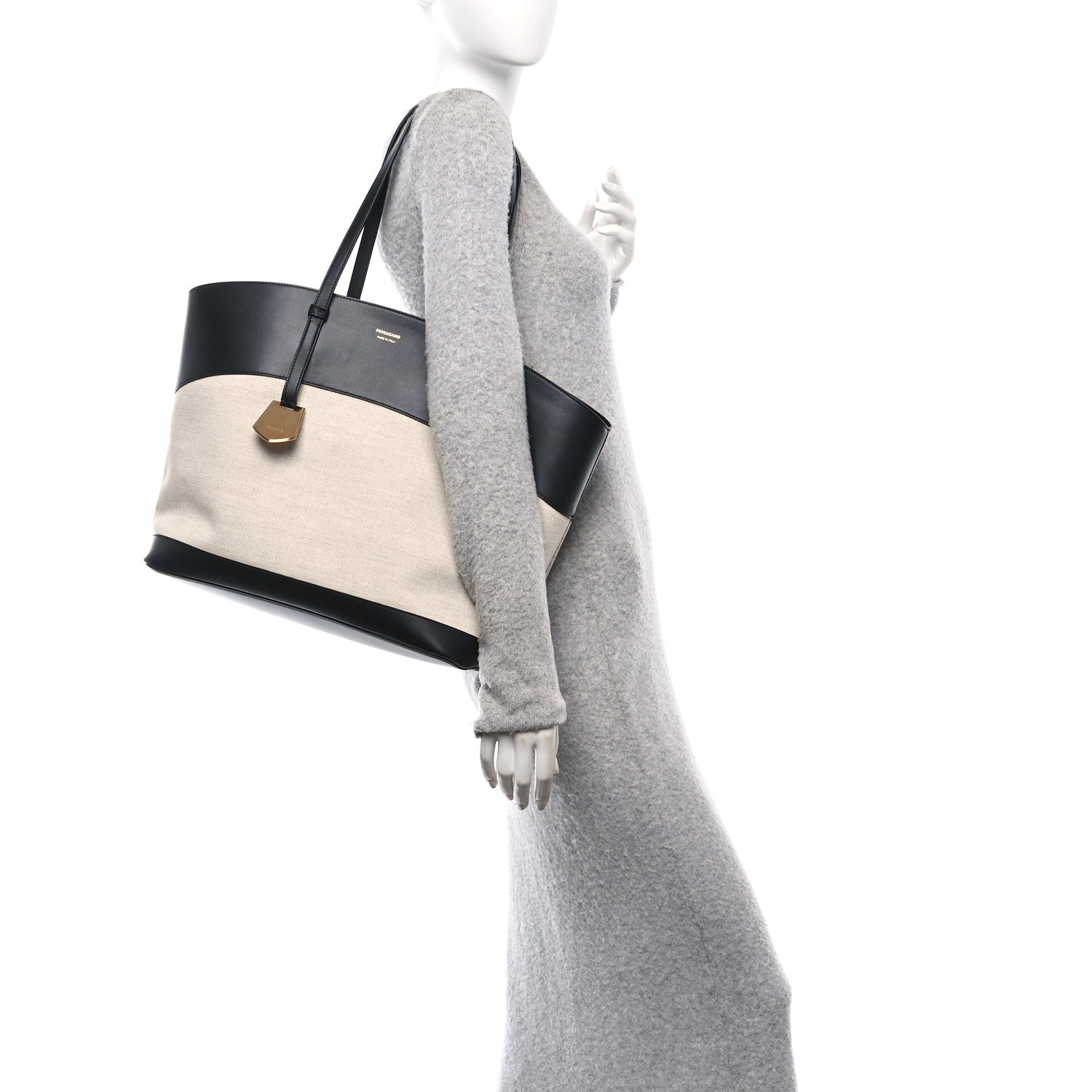 Salvatore Ferragamo Canvas Calfskin Medium Charming Tote Natural Black 2 of 10