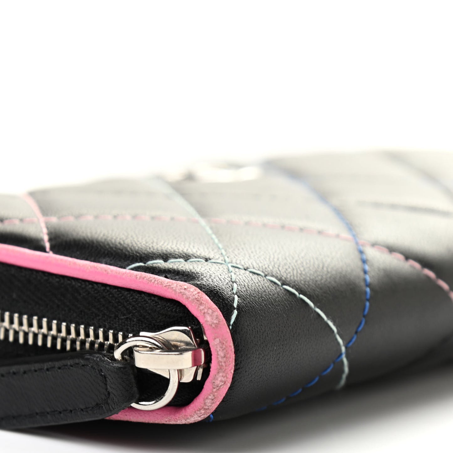 Lambskin Quilted Small Gusset Zip Around Wallet Black Pink Light Blue