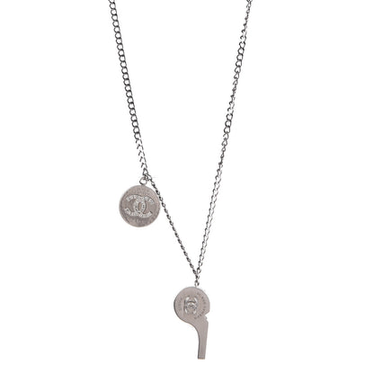 Chanel Crystal Baguette CC Whistle Pendant Necklace Silver 1 of 9