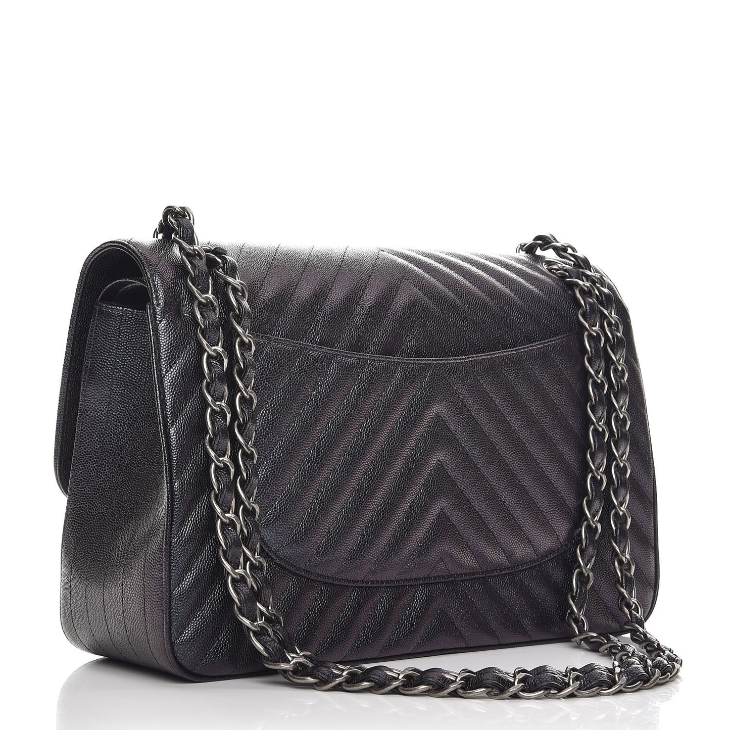 Metallic Caviar Chevron Quilted Jumbo Double Flap Black
