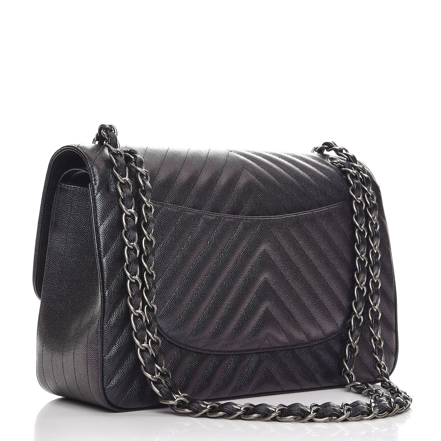 Chanel Metallic Caviar Chevron Quilted Jumbo Double Flap Black 4 of 9