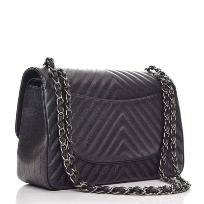 Chanel Metallic Caviar Chevron Quilted Jumbo Double Flap Black 4 of 9