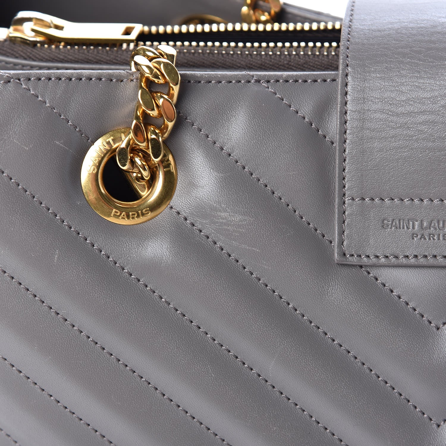 Saint Laurent Smooth Calfskin Matelasse Chevron Monogram Shopping Bag Grey 14 of 23