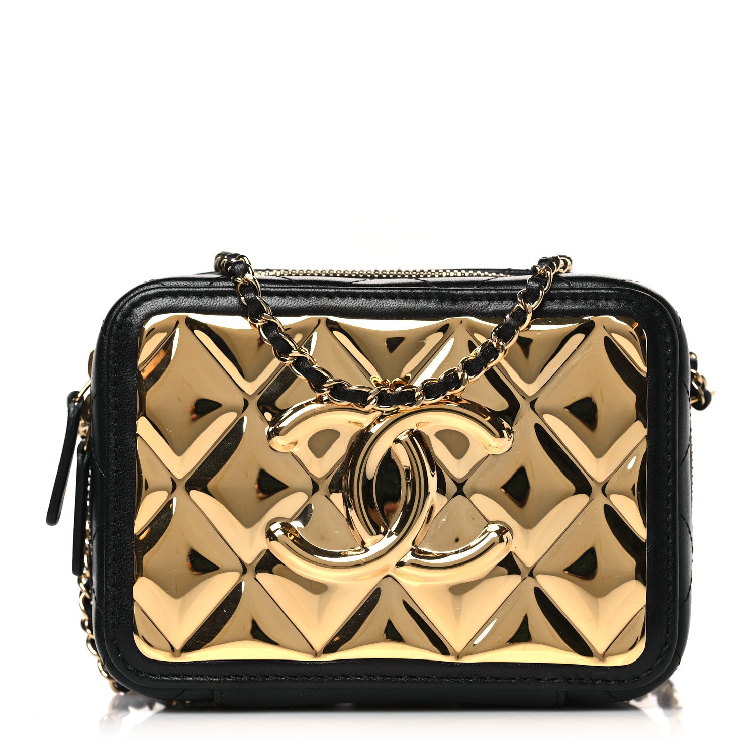 Chanel Lambskin Metal Quilted Mini Vanity Case With Chain Black Gold 1 of 9
