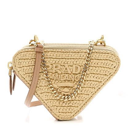 Prada Raffia Calfskin Crochet Logo Embroidered Mini Triangle Crossbody Pouch Naturale 1 of 12