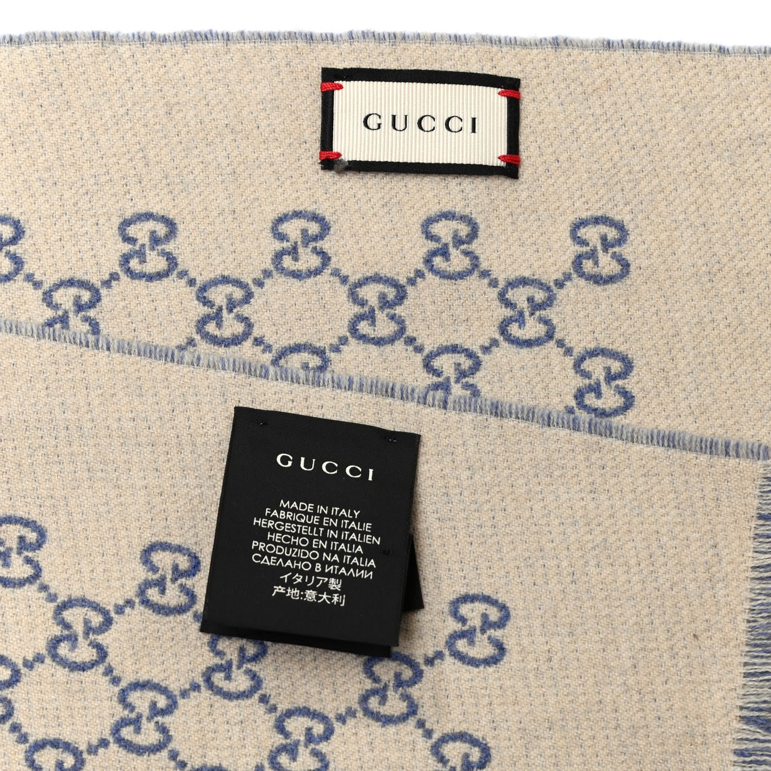 Gucci Wool Jacquard Monogram Fringe Scarf Blue Beige 4 of 4