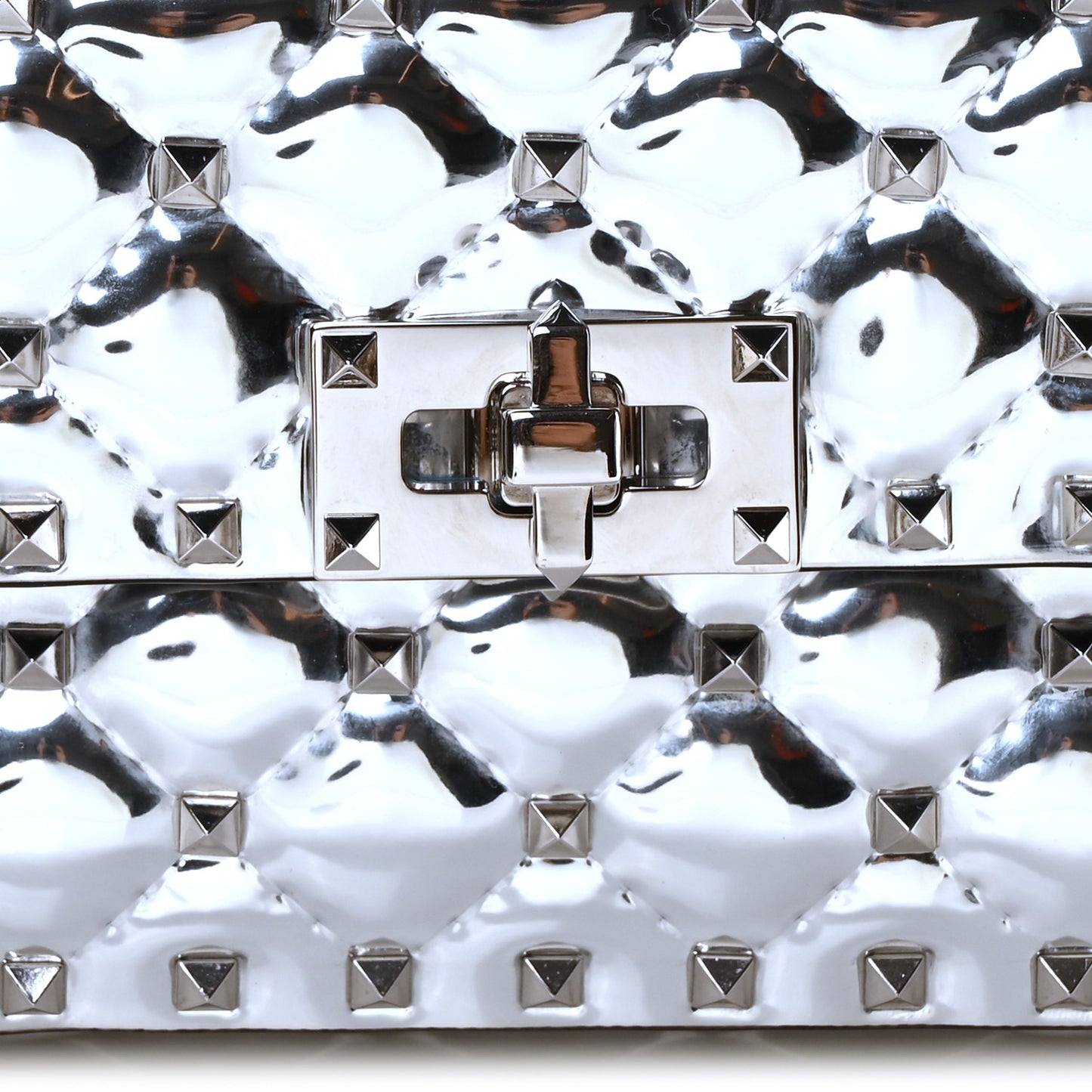 Metallic Patent Quilted Small Rockstud Spike Shoulder Bag Silver