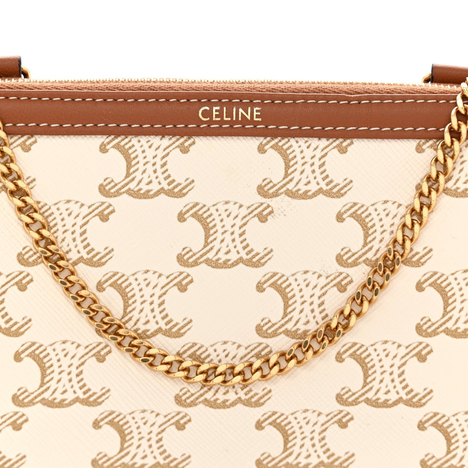 Celine Lambskin Triomphe Canvas Clutch With Chain  White Tan 8 of 10