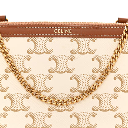 Celine Lambskin Triomphe Canvas Clutch With Chain  White Tan 8 of 10