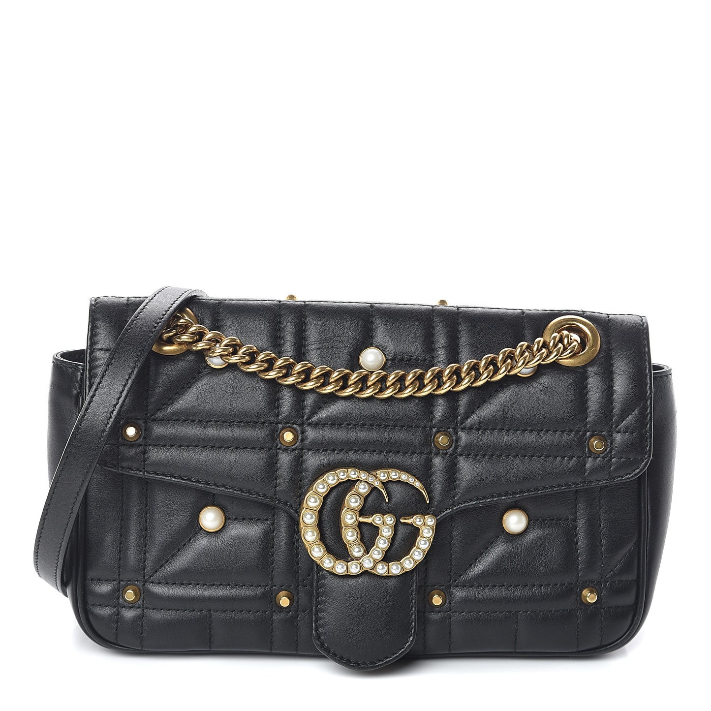Calfskin Matelasse Studded Small Pearly GG Marmont Shoulder Bag Black