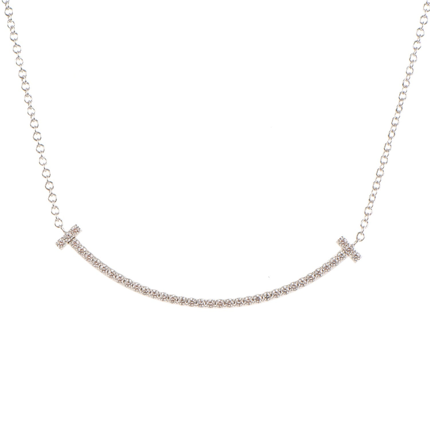 Tiffany 18K White Gold Diamond Small T Smile Pendant Necklace 3 of 6
